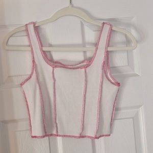 White with Pink stitching crop top - (size L)
